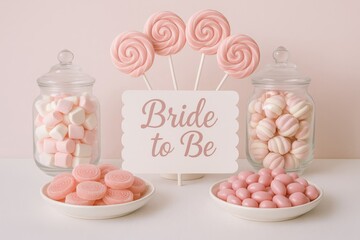 Sweet bridal decorations feature pink and white candies. Adorable treats perfect for a bachelorette party or wedding shower.