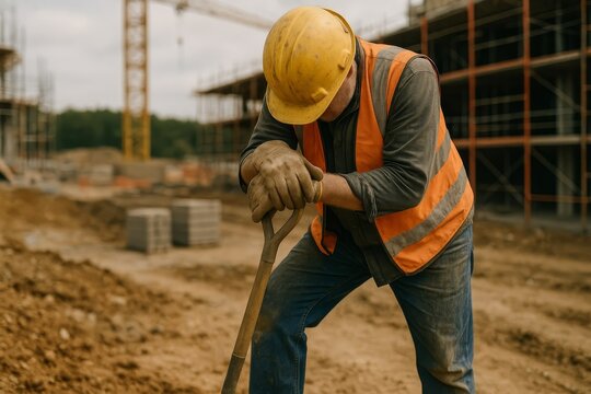 Tired construction worker leaning on a shovel at a building site. He wears a hardhat and high-visibility vest.