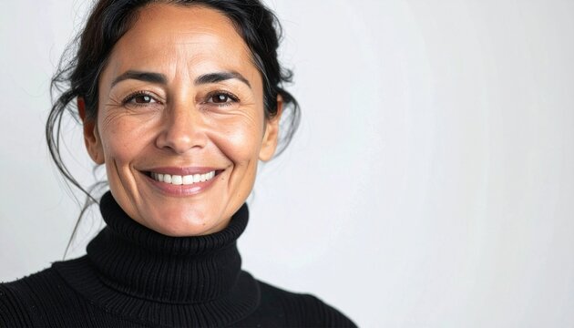 Close-up of an attractive middle aged woman with toothy smile wearing black turtleneck sweater while staning.