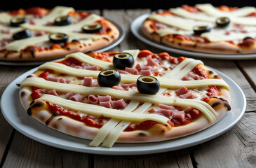 Mummy Pizzas with Ham and Olives on a Rustic Wooden Table halloween