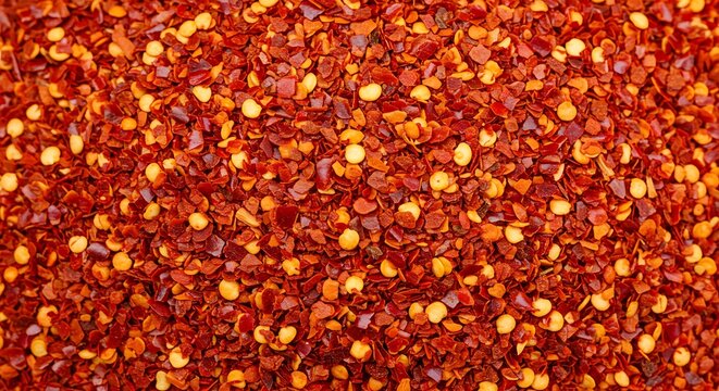 Close-up texture of vibrant red chili flakes showcases culinary spice and natural color aesthetic