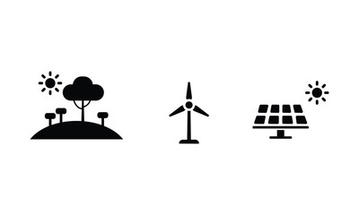 Set of icons representing renewable energy and nature isolated on white background