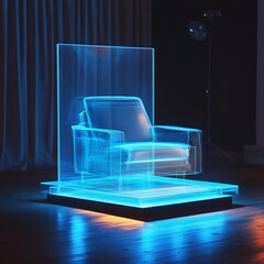 Futuristic transparent chair with a blue glow, standing on a platform in a modern room with curtains and a spotlight