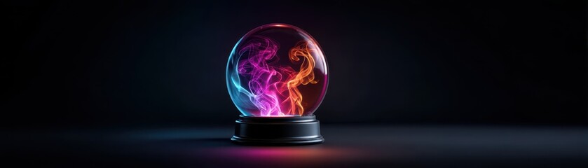 Sphere Hollow Surreal concept. Glowing snow globe with colorful light effects inside.