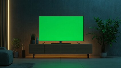 Modern living room setup showcases a vibrant green screen television ready for creative content editing and immersive virtual experiences