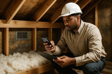 Construction inspector in attic insulation space using smartphone and clipboard to document work details in soft natural light background. Ai generative