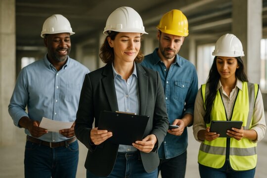 Professional team of diverse engineers and architects collaborating on a construction site indoors with confident expressions and modern equipment. Ai generative