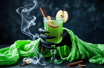Spooky green witch's brew with apple slices and cinnamon stick with smoke hand green drink