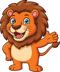 Cute cartoon lion character standing with happy smile, waving paw, jungle animal illustration, friendly mascot design, wild big cat concept artwork