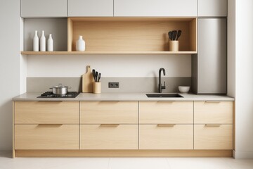 Modern light wood kitchen interior with minimalist design and contemporary decor, featuring built-in appliances and neutral wall background.