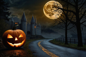 Spooky Halloween Night Scene With Jack O Lantern Castle And Full Moon Keywords: halloween, pumpkin, jack o lantern, castle
