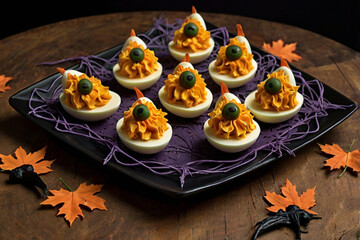Spooky Halloween Deviled Eggs with Olive Eyes on a Dark Platter appetizer party food