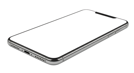 Modern smartphone with blank white screen isolated on transparent background, perfect for showcasing your app or website design in a sleek and stylish way