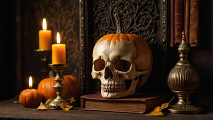 Spooky Halloween still life with skull, pumpkins, candles, and old books image photo