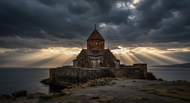 Dramatic light over Sevanavank Monastery, Armenia with dark clouds, and serene lake landscape