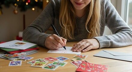 Person writing on paper with cards