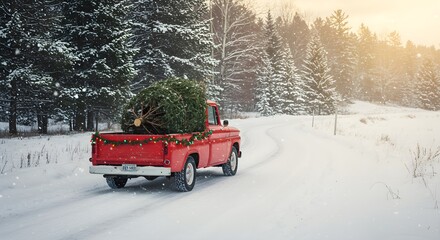 Red pickup truck carrying christmas tree in snow