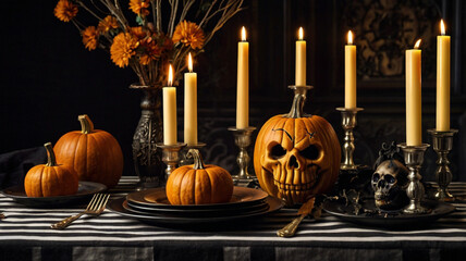 Spooky Halloween Table Setting with Carved Pumpkins and Candles skull
