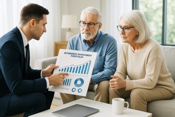 Senior couple discussing retirement investment portfolio with financial advisor in modern office with natural light and professional background. Ai generative