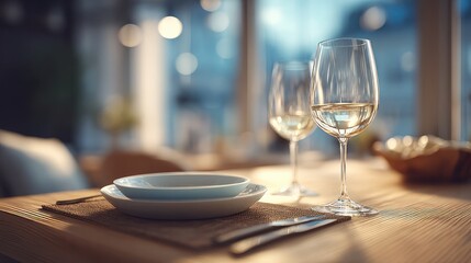 cutlery. Warm kitchen scene with place settings for two, evoking a sense of simplicity and togetherness. menu design, packaging mockups, designed for food delivery and cloud-kitchen brand materials.