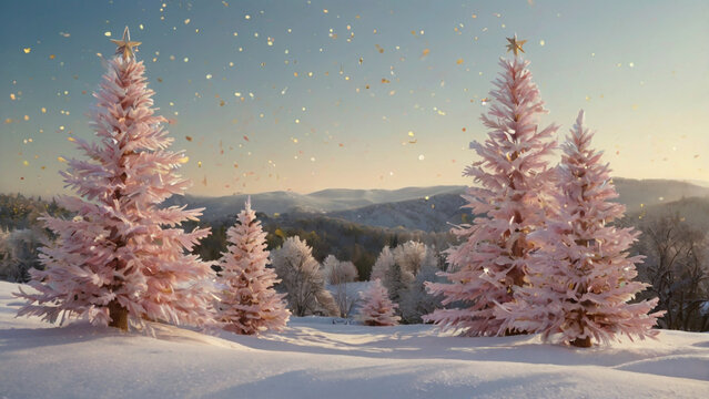 Pink Christmas Trees in Snowy Landscape with Falling Gold Confetti Keywords: Christmas trees, pink trees, snow, winter