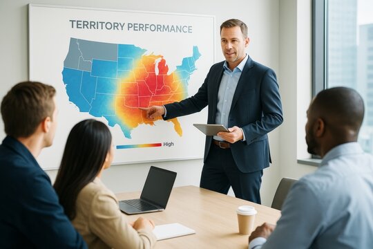 Businessman presenting territory performance heat map to team in modern office during strategic meeting on light background. Ai generative. Ai generative