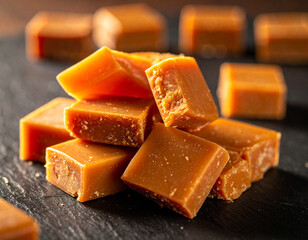Shiny toffee shards on slate, macro close-up under warm studio light
