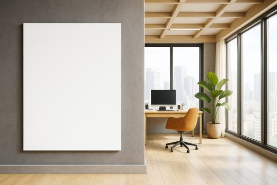 Vertical blank poster on gray wall in modern office interior with desk, computer, large windows, and city view in daylight environment.