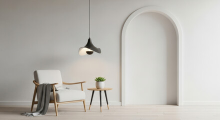Serene Interior with White Armchair, Wooden Accents, and Minimalist Decor Featuring a Stylish Lamp, Side Table, and Archway Against a Neutral Wall