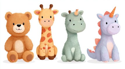 Adorable plush toy collection. Includes cuddly teddy bear, giraffe, unicorn, and dinosaur. Soft, fluffy, and perfect for playtime. These charming plushies are great for kids and nursery decor