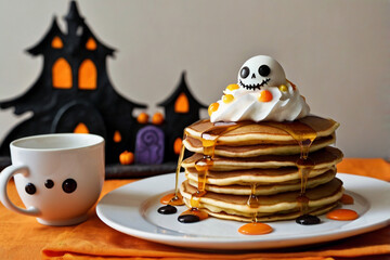 Stack of Halloween pancakes with whipped cream ghost and candy corn, next to a decorated mug