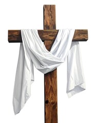 Wooden cross draped with white cloth