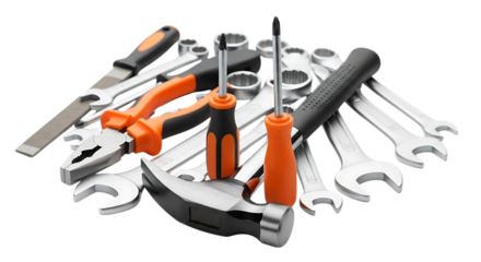 Assortment of hand tools isolated on transparent background, including wrenches, screwdrivers, pliers, hammer, and file for home improvement and repair projects