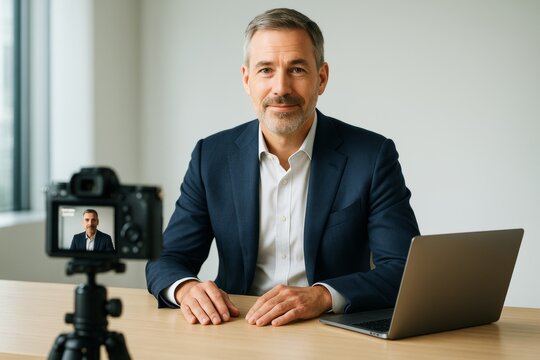 Confident businessman recording video content at desk with laptop and camera in modern office with bright light background. Ai generative