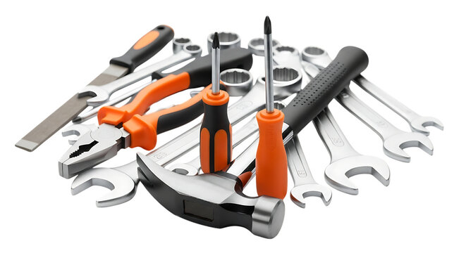 Assortment of hand tools isolated on transparent background, including wrenches, screwdrivers, pliers, hammer, and file for home improvement and repair projects