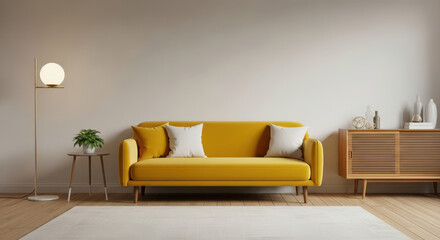Stylish Living Room with Yellow Sofa, White Pillows, and Wooden Cabinet Modern Interior Design Home Decor Furniture Arrangement and Cozy Atmosphere