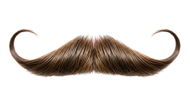 Detailed mustache isolated on transparent background, showcasing intricate hair strands and a classic handlebar style, perfect for design elements