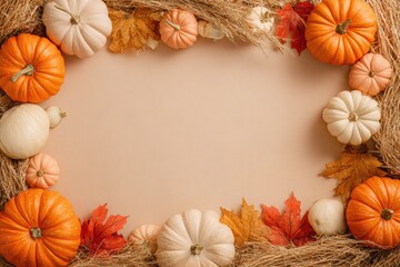 Symmetrical autumn border with pumpkins, hay bales, and maple leaves on beige background, ideal for fall posters and website headers

