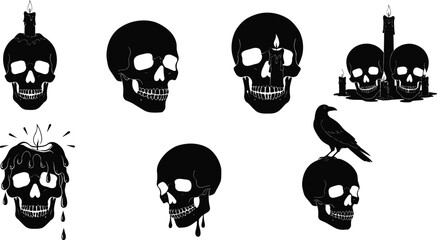 Creepy gothic skulls with melting candles, raven silhouette, and spooky horror elements perfect for Halloween dark vector design illustration.