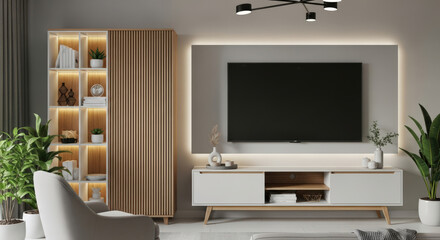 Modern Living Room Interior with Television Set, Stylish Cabinetry, and Lush Green Plants Creating a Cozy and Contemporary Home Entertainment Space