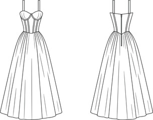Elegant long dress technical flat sketch, front and back view, structured bodice, pleated skirt, fashion illustration, garment construction template