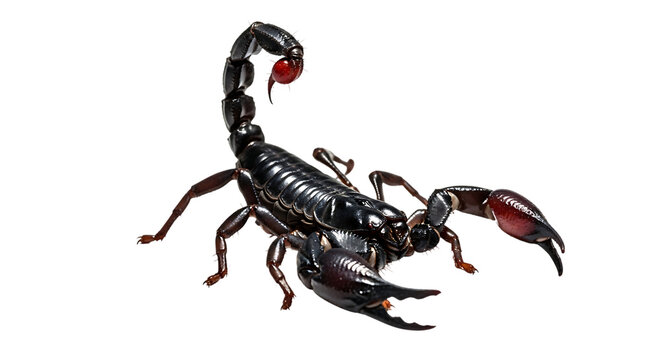 Detailed scorpion isolated on transparent background, showcasing its menacing claws, segmented body, and venomous stinger, a symbol of danger and resilience