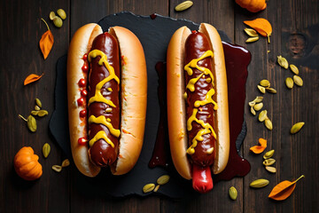 Two Gourmet Hot Dogs with Mustard and Ketchup on a Dark Wooden Surface sausage