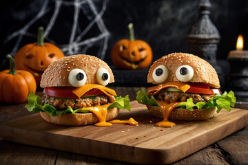 Two Funny Halloween Burgers with Googly Eyes and Melted Cheese on a Wooden Board