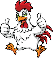 Funny cartoon rooster giving thumbs up, happy farm chicken mascot illustration, poultry character design, cheerful bird drawing for agriculture branding