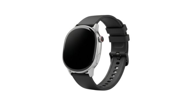 Smartwatch with black band isolated on transparent background is a wearable computer in the form of a wristwatch, providing features beyond timekeeping
