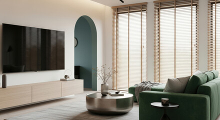 Sophisticated Living Room Interior with a Television, Wooden Blinds, and a Green Sofa Creating a Stylish and Comfortable Home Environment