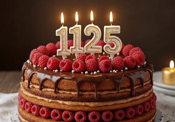 Elegant layered cake adorned with raspberries and numeric candles for celebration