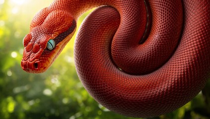 red snake coiled on green background with bright light and tropical leaves