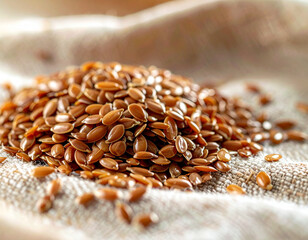 Obraz premium Flax seeds scattered on linen fabric macro